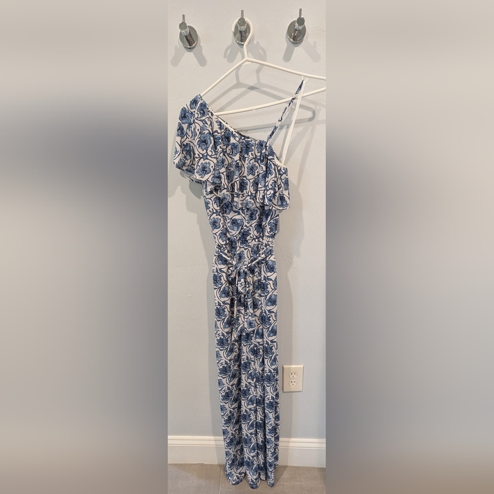 INC International Concepts Blue and White Floral One-Shoulder Jumpsuit